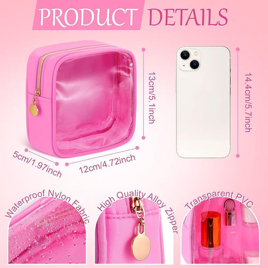 Kacctyen 12 Pcs Mini Makeup Bag Nylon Small Pouch for Purse Mini Square Nylon Pouch with Zipper Small Cosmetic Travel Makeup Bag Purse Organizer for Women (Pink Color,Translucent)