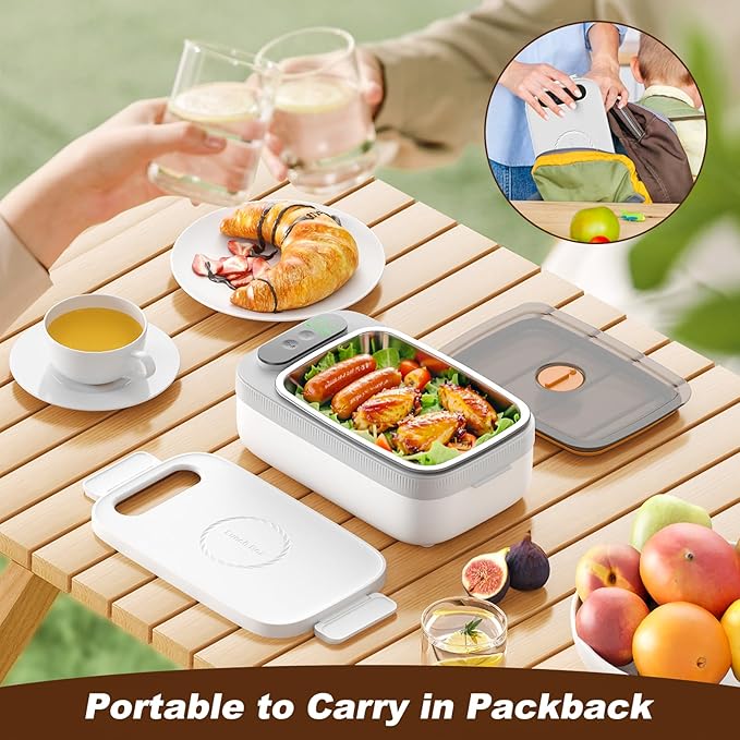 Cordless Electric Lunch Box for Adults, 14000mAh Rechargeable Auto Heated Lunch Box, 1L Protable Self-Heating Food Warmer for Car, Office, Travel, Picnic & outdoor