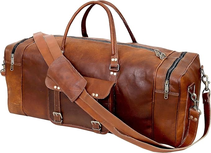 Leather Duffle Bag for Men Luggage Handmade Travel Bag Carry On Luggage Weekender Bags Overnight Gym Sports Cabin Holdall Bag For Airplanes Men And Women (34 Inch Brown)
