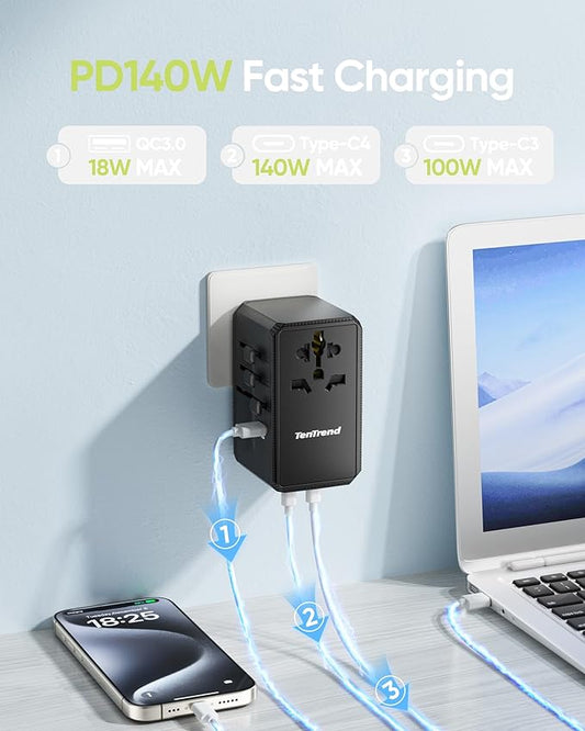Universal Travel Adapter, 140W International Power Adapter with 4 USB-C & 1 USB-A Ports, European Travel Plug Adapter, Worldwide Travel Essentials for EU UK AUS USA