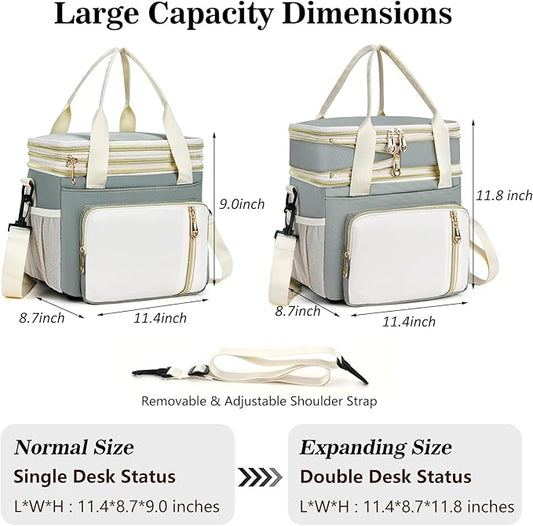 LOKASS Lunch Box for Women, 16L, Double Deck Expandable Insulated Lunch box For Adults/Women Thermal Large Waterproof Leakproof Cooler Bag with Shoulder Strap - Grey Green
