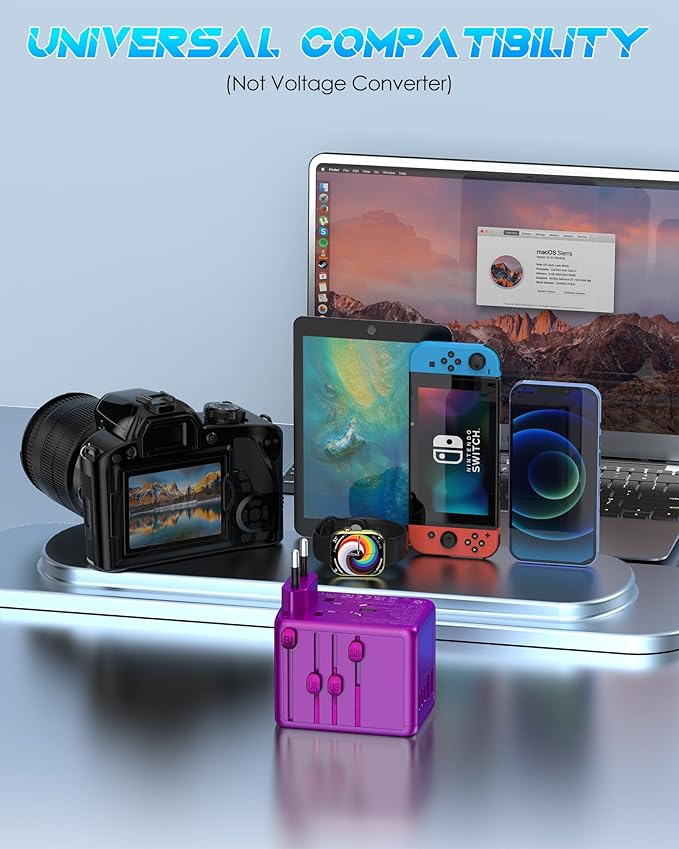 Universal Travel Adapter Offers 5.8A 3X 3.0A USB-C Ports, 2X 2.4A USB-A Ports and Multi AC Outlet, All-in-One International Power Plug Adapter Worldwide Travel Charger for EU USA UK AUS (Purple)