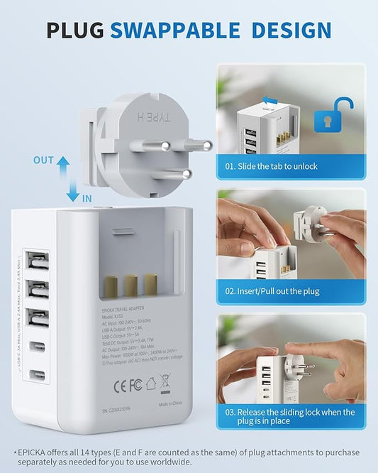 EPICKA US to Israel Travel Adapter, Universal Plug Adapter with 2 US Outlets, 3 USB-A & 2 USB-C Ports, Ultra Compact Swap&Adapt Type H Plug Attachment, Grounded Adapter for Palestine (X232H)