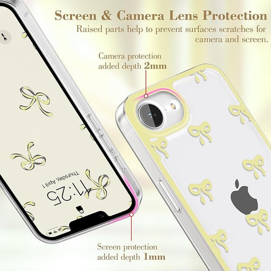 EYZUTAK Case for iPhone 16e, Clear Cute Ribbon Bowknot Pattern Aesthetic Transparent Phone Case Raised Camera Protection Stylish Slim Soft Durable TPU Protective Cover for Women Girls - Yellow
