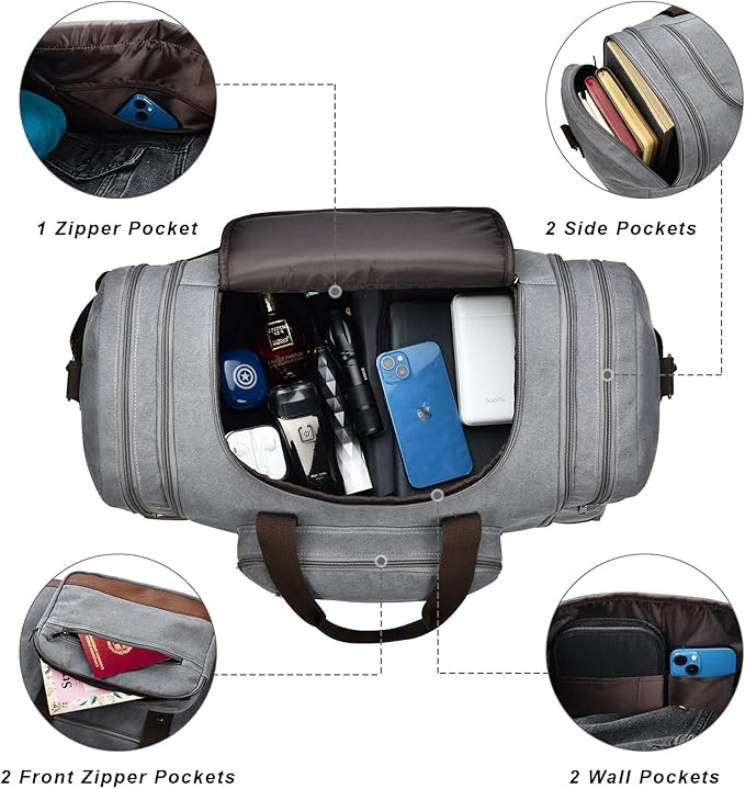Litvyak Duffle Bag for Travel, Large 60L Canvas Travel Duffel Bags Overnight Weekend Gym Carry On Luggage Bag for Men & Women(Grey)