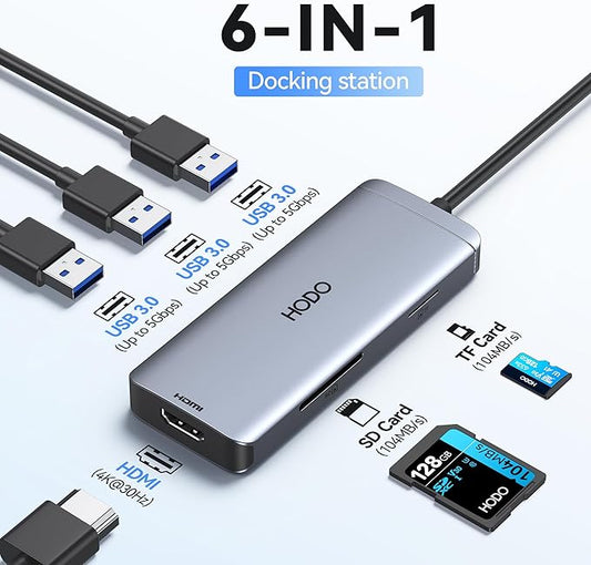 USB-C Hub Multiport Adapter for MacBook Air/Pro - 6 in 1 HDMI Dongle with 4K, USB 3.0 Ports, SD/TF Card Reader for MacBook m1/m2/m3/m4, Dell XPS, HP, Lenovo, Surface and Other Type-C Devices