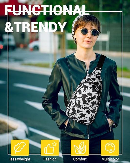 Crossbody Bags for Women, Sling Bag for Men, Small Hiking Backpack Anti Theft Lightweight for Outdoors Travel (M, Cow Print)