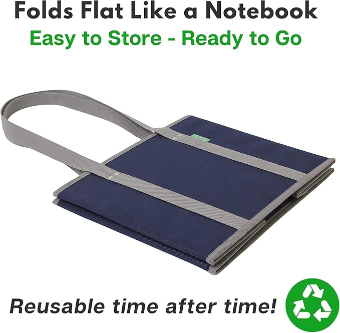 Reusable Grocery Bags (3 Pack) – Heavy Duty Reusable Shopping Bags with Box Shape to Stand Up, Stay Open, Fold Flat – Large Tote Bags are Foldable with Long Handles & Hard Bottom (Navy Blue)