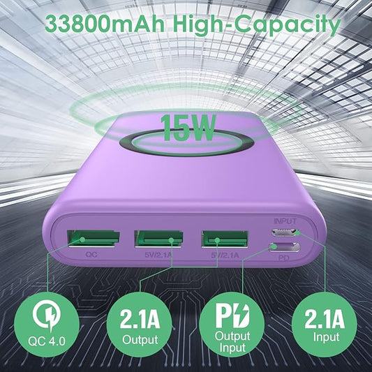 Wireless Portable Charger Power Bank,33800mAh 15W Fast Wireless Charging 25W PD QC 4.0 USB-C Power Bank,5 Output & Dual Input External Battery Pack Compatible with iPhone 16/15/14,Android etc-Purple
