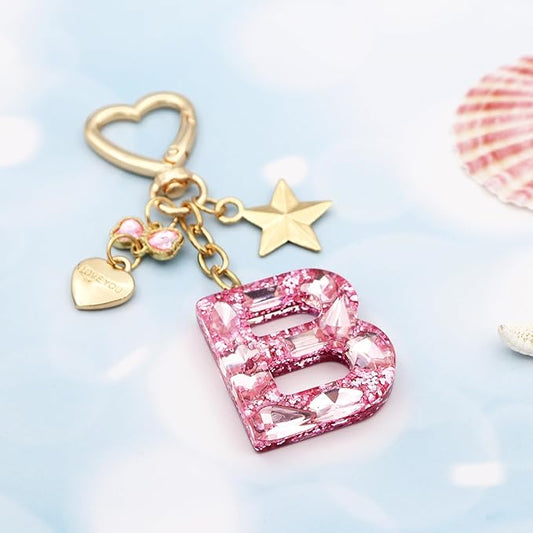 Glitter Initial Letter Keychain Gift for Women Cute Pink Resin Keychains for Bag