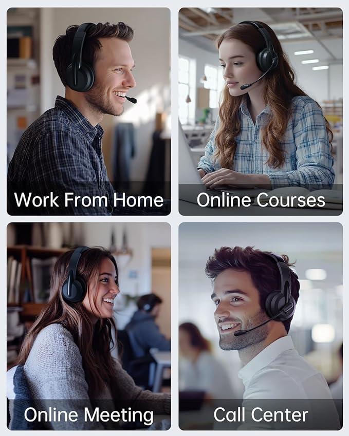Wireless Headset with Mic for Work with AI Noise Cancelling Mic for Clear Calls, Bluetooth V5.3 Headphones with Microphone to USB A/C Dongle & Mic Mute for Computer Laptop PC iPhone (Black)