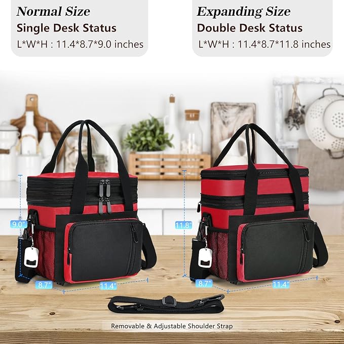 LOKASS Lunch Bag & Lunch Box for Men Women - Double Deck Expandable Insulated Waterproof Leakproof Cooler Bag for Work/Picnic - Red