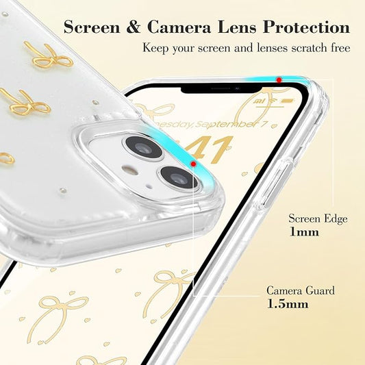 EYZUTAK Case for iPhone 12/iPhone 12 Pro, Bling Glitter 3D Bowknot Phone Case Cute Sparkly Crystal Clear Bow Aesthetic Case Slim Soft Durable TPU Transparent Protective Cover for Women Girls- Gold Bow