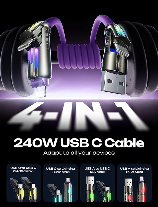 LISEN 240W Chubby USB C to USB C, 4 in 1 Charging Cable (6.6FT) with Light, USB A/C to C/L Multi Charging Cable for iPhone 16 15 14 Pro Max/MacBook/iPad Pro/SamSungS24,Purple