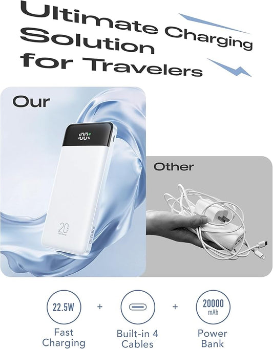 20000mAh Power Bank Fast Charging, Portable Charger with 4 Built-in Cables & 6 Outputs, 20W PD USB C Battery Pack Compatible with iPhone 16/15, Galaxy, Android, iPad & More (Travel Essential)