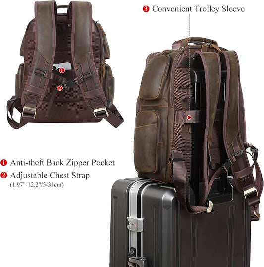 TIDING Vintage Full Grain Leather 16 Inch Laptop Backpack for Men Multi Pockets Travel Rucksack Weekend Business Daypack_Large