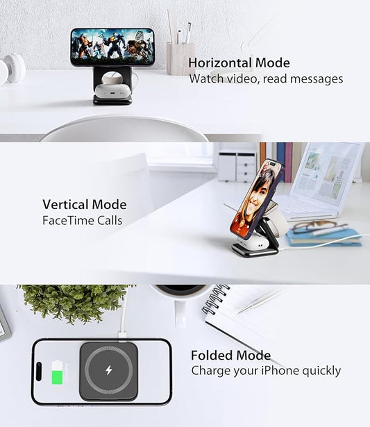 Foldable Magnetic Wireless Charger, KU XIU X40 Aluminum Alloy 3 in 1 Charging Station for Apple, Fast Charging Travel Charger for iPhone 16 15 14 13 12 Series, 5W for Apple Watch Ultra, AirPods, Black