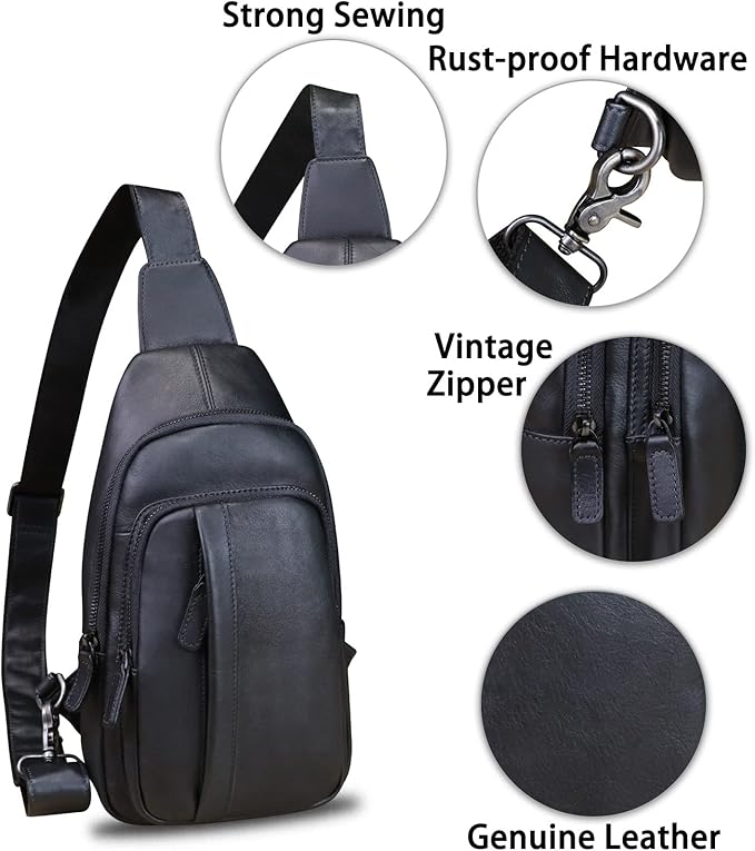 IVTG Genuine Leather Sling Bag Crossbody Casual Hiking Daypack Vintage Handmade Chest Shoulder Backpack Motorcycle Cycling Purses (Black)
