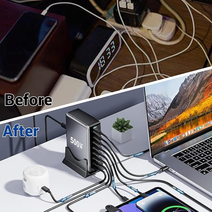 500W USB C Fast Charger Block, 8 Port Charging Station, GaN Ⅲ Multi Port Charging Station Hub for Multiple Devices, Multiport USB Charger Station Compatible with MacBook iPhone iPad Dell