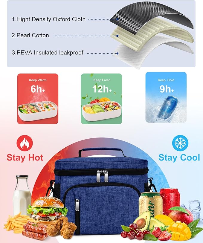 Insulated Lunch Bag for Men & Women - Leakproof Lunch Box Soft Cooler Tote, Adjustable Strap, Reusable Lunch Box for Work Office Picnic Beach Travel-Navy Blue