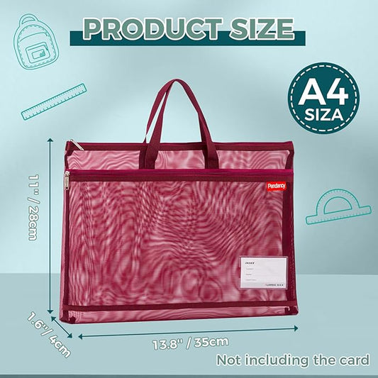 Pendancy Mesh Zipper Pouch A4 Size, Large Double Pocket Lightweight Nylon Transparent File Bag with Handle, 11x13.8 in Foldable Document Storage for Puzzle Project/Cross Stitch/Travel/Office (Red)