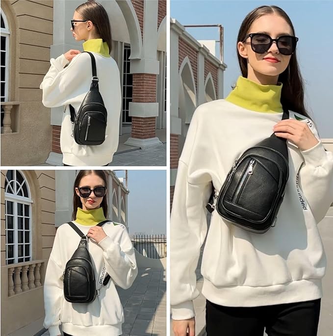 Sling Bag Crossbody Backpack - 2 in 1 Leather Cross Body Bag Fanny Pack with 2 Removable Straps