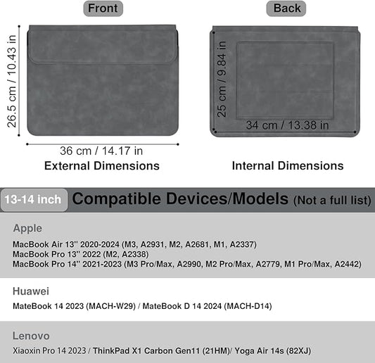 Allinside 13-14 Inch Laptop Sleeve Case for MacBook Pro 14" 2021-2024/MacBook Air 13" 2010-2017/MacBook Pro 13" 2010-2015, Waterproof PU Leather Sleeve Cover with Stand & Accessory Pouch, Gray