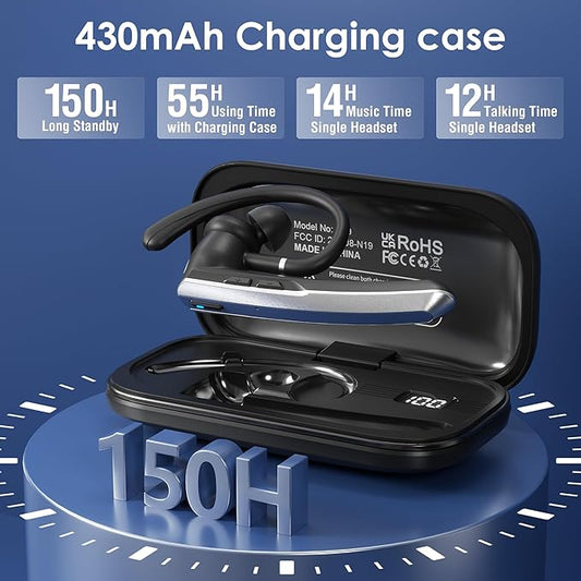 Bluetooth Headset with Microphone, Wireless Earpiece with Charging Case for Cellphones, PC, Single Ear Headset with Mute for Trucker Driver, Remote Work, Skype, Zoom, Teams, Call Center