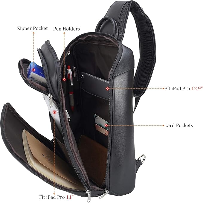 Polare Modern Style Sling Shoulder Bag Men’s Travel/Hiking Daypack with Full Grain Italian Leather and YKK Zippers