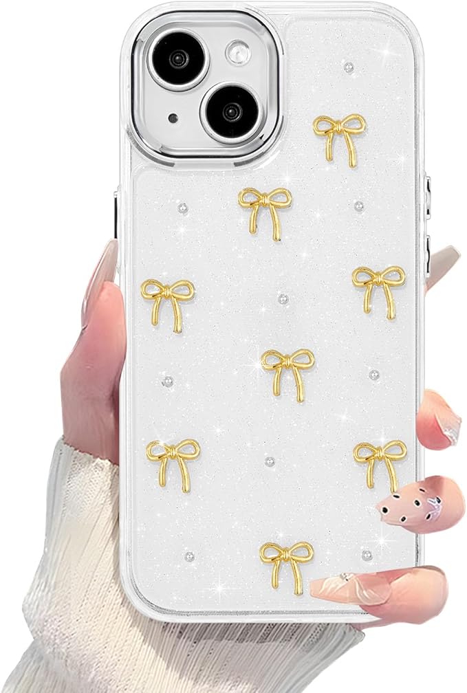 EYZUTAK Case for iPhone 15 Plus, Bling Glitter 3D Bowknot Phone Case Cute Sparkly Crystal Clear Bow Aesthetic Design Case Slim Soft Durable TPU Transparent Protective Cover for Women Girls - Gold Bow
