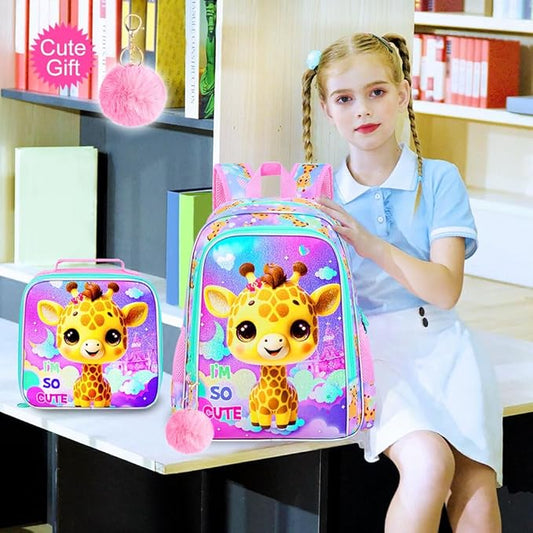 3Pcs Backpack for Girls, 16" Kids Bookbag with Lunch Box, Giraffe School Backpacks Set for Elementary Preschool Kindergarten(Pink)