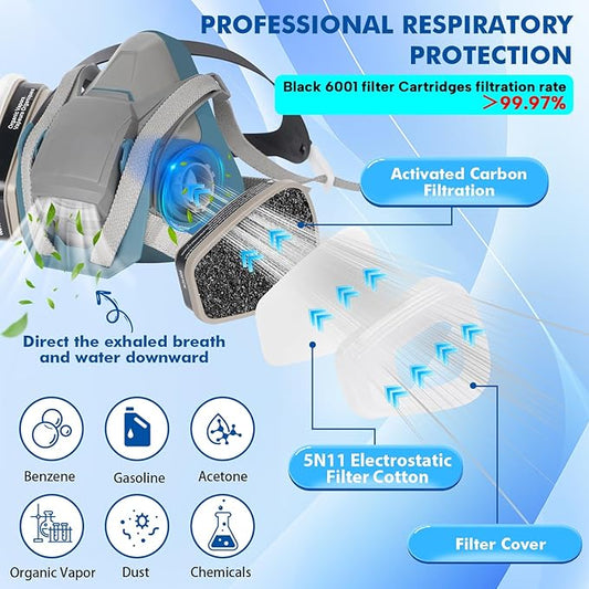 Reusable Respirator Mask with Filters 6001, Half Face Gas Mask For Chemical Spraying Painting Welding Construction