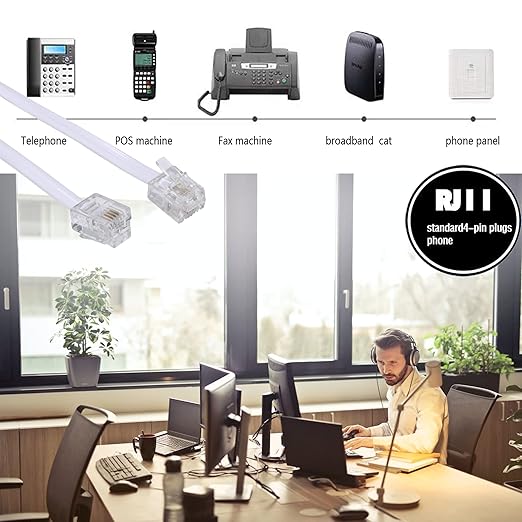 100Feet Long Telephone Extension Cord Phone Cable Line Wire, with Standard RJ11 Plug and 1 in-Line Couplers and 35Cable Clip Holders-White