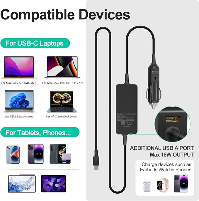 100W Car Charger, Laptop Car Charger Compatible with Dell Latitude/Precision/XPS, Compatible with MacBook Pro/Air, Compatible with HP Spectre/Elitebook, Compatible with Samsung DC Adapter