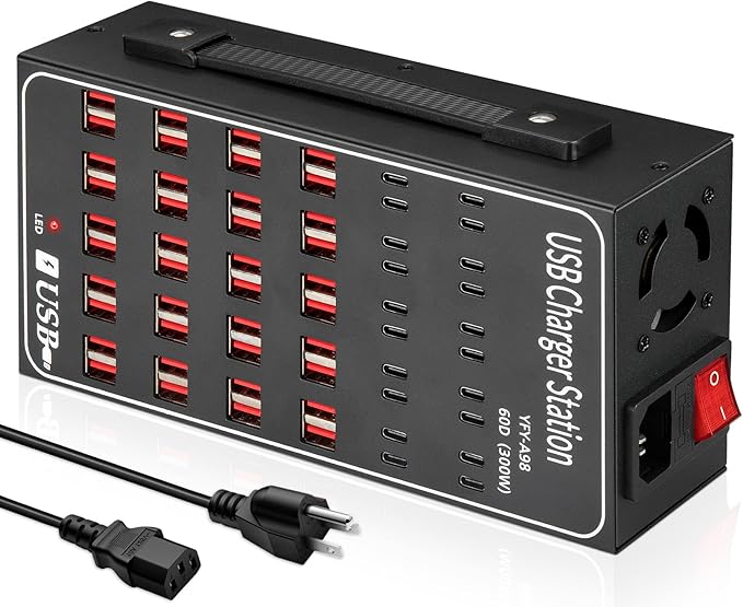 Multiple USB Charging Station 60 Port (40 USB A & 20 USB~C Port), MIXILIN 300W(60A) Fast Charger Station with Power Switch, Desktop USB~C Charger Block Compatible with Phone iPad Kindle Tablet