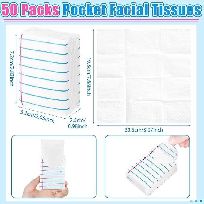 Ctosree 50 Pack Back to School Pocket Tissues Teacher Classroom Travel Packs Bulk 500 Sheet Small Notebook Tissues Pocket Packs 3 Ply Mini Travel Size Individual (Classic)
