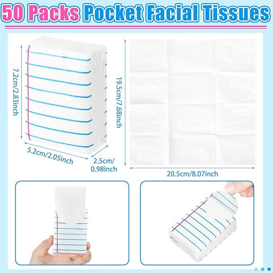 Ctosree 50 Pack Back to School Pocket Tissues Teacher Classroom Travel Packs Bulk 500 Sheet Small Notebook Tissues Pocket Packs 3 Ply Mini Travel Size Individual (Classic)