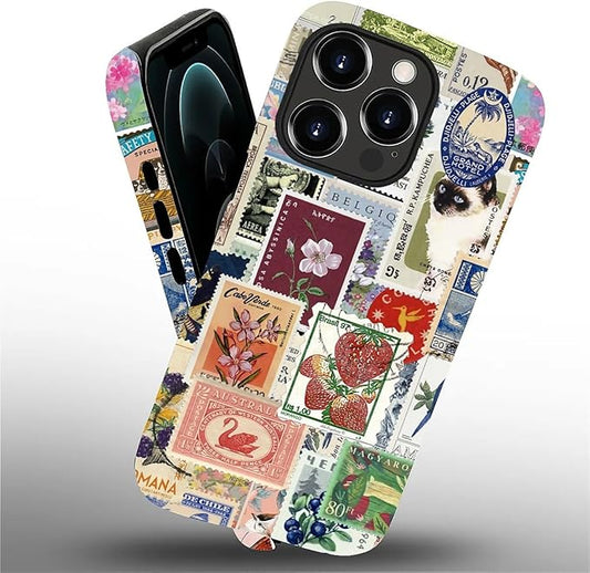 Case for iPhone 12 Pro Max,Vintage Stamp Collage for Woman Men Full Body Protective Cover Shockproof 2 in 1 Silicone + Hard PC Case for iPhone 12 Pro Max