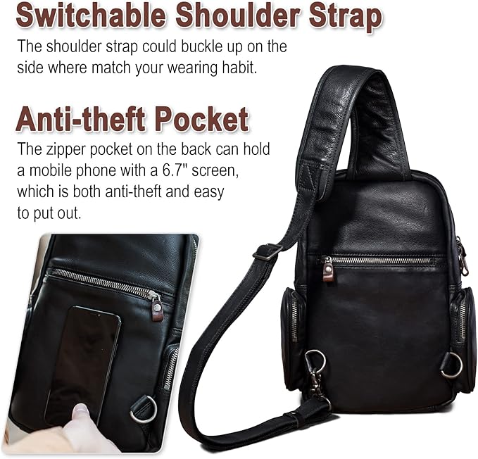 Genuine Leather Sling Bag for Men Large Crossbody Shoulder Bag Casual Sling Backpack Anti-Theft Travel Chest Purse