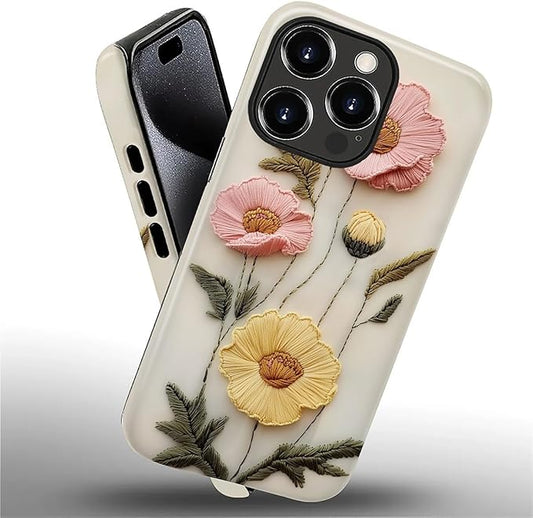 Case for iPhone 16 Pro Case,Faux Embroidery Boho Floral Design - Hybrid Dual Protection Silicone + Hard PC Shockproof Full Body Cover Slim Anti-Scratch Protective Case for Men Women