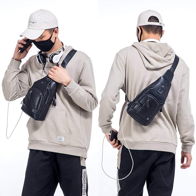 BULLCAPTAIN Leather Sling Bag Mens Chest Bag Casual Shoulder Crossbody Bags Travel Hiking Backpacks Daypack with USB Charging Port (Black)