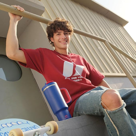 32 oz Tumbler with Handle and Straw: Stainless Steel Insulated Tumbler Keeps Cold for 24 Hours, Leakproof Travel Cup Fits in Cup Holder and BPA-Free, Beaucoup Blue