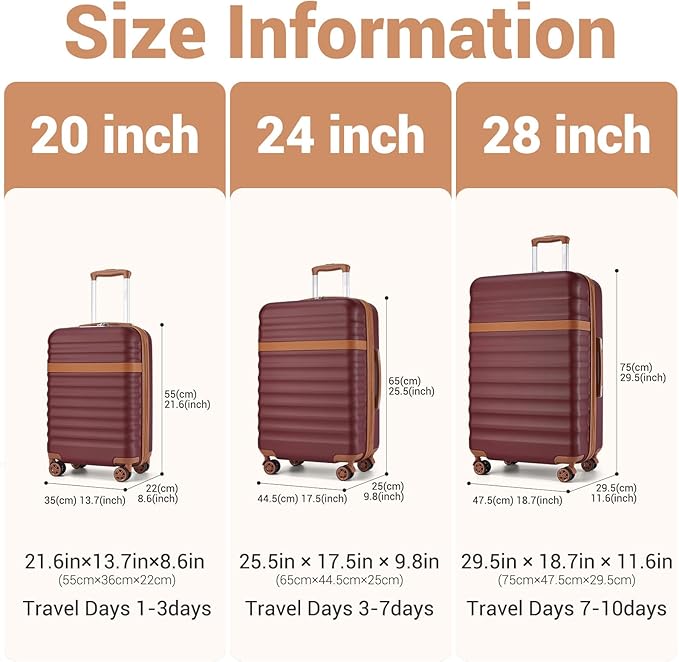 Kono Expandable 28 Inch Large Checked Luggage: ABS+PC Hardside Trolley Travel Case - Hard Shell Suitcase with TSA Lock, Burgundy