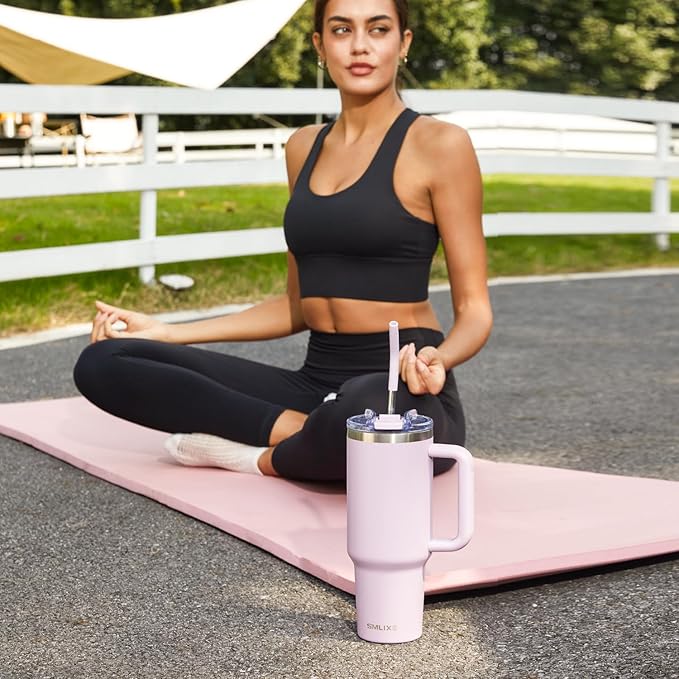 30 oz Tumbler with Handle, Tumbler with Lid and Straw, Double Wall Vacuum Insulated Travel Mug Stainless Steel Tumbler for Hot and Cold, Cupholder Friendly (Purple)