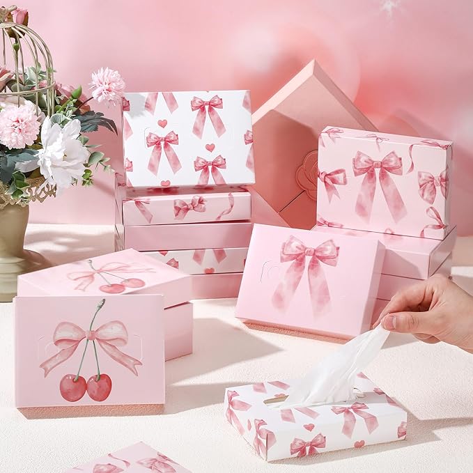 TaoBary 24 Packs Pink Bow Small Boxes of Tissues Flower Car Facial Tissue Boxes Disposable Tissue Packs Cube Facial Tissues 2 Ply 960 Sheets for Holiday Party Bathroom Office Floral Home Decor
