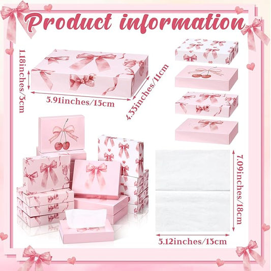 TaoBary 24 Packs Pink Bow Small Boxes of Tissues Flower Car Facial Tissue Boxes Disposable Tissue Packs Cube Facial Tissues 2 Ply 960 Sheets for Holiday Party Bathroom Office Floral Home Decor