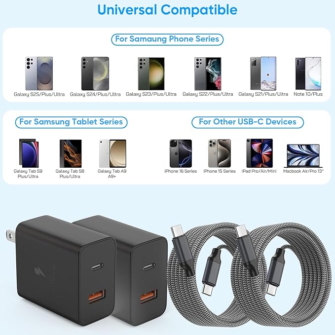 Extra Long 10Foot 45W Samsung USB C Fast Charger Block Dual Port PD Power Adapter Fast Charging Block,2Pack 10FT Type C Super Quick Charging Cord for Samsung Galaxy S25 Ultra/S25/S24/S23/S22 and More