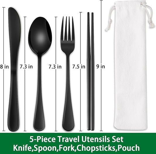Travel Utensils Set With Case,Black Stainless Steel Silverware Set To Go For Work Lunch Box Includes Knife Spoon Fork Chopsticks,Camping Picnic Cutlery Essentials