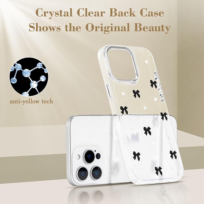 EYZUTAK Case for iPhone 17 Pro, Bling Glitter 3D Bowknot Phone Case Cute Sparkly Crystal Clear Bow Aesthetic Design Cover Slim Soft Durable TPU Transparent Protective Cover for Women Girl - Black Bow