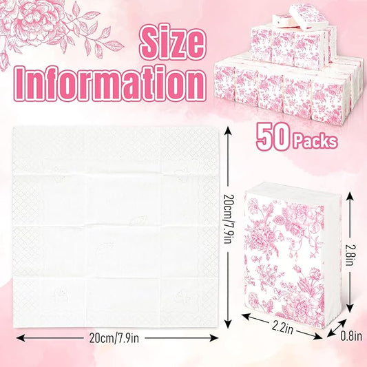 50 Bulk Pink Floral Tissue Packs Vintage Flower Mini Travel Size Facial Tissues Chinoiserie Flower Portable Pocket Tissue for Wedding Party Supplies